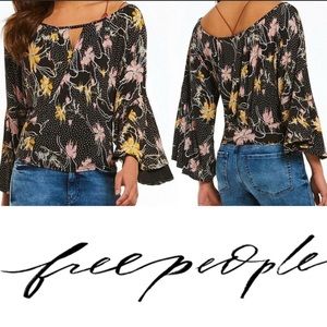 Free People Printed Last Time Floral Wrap Crop Blouse Black Bell Sleeves M Indie